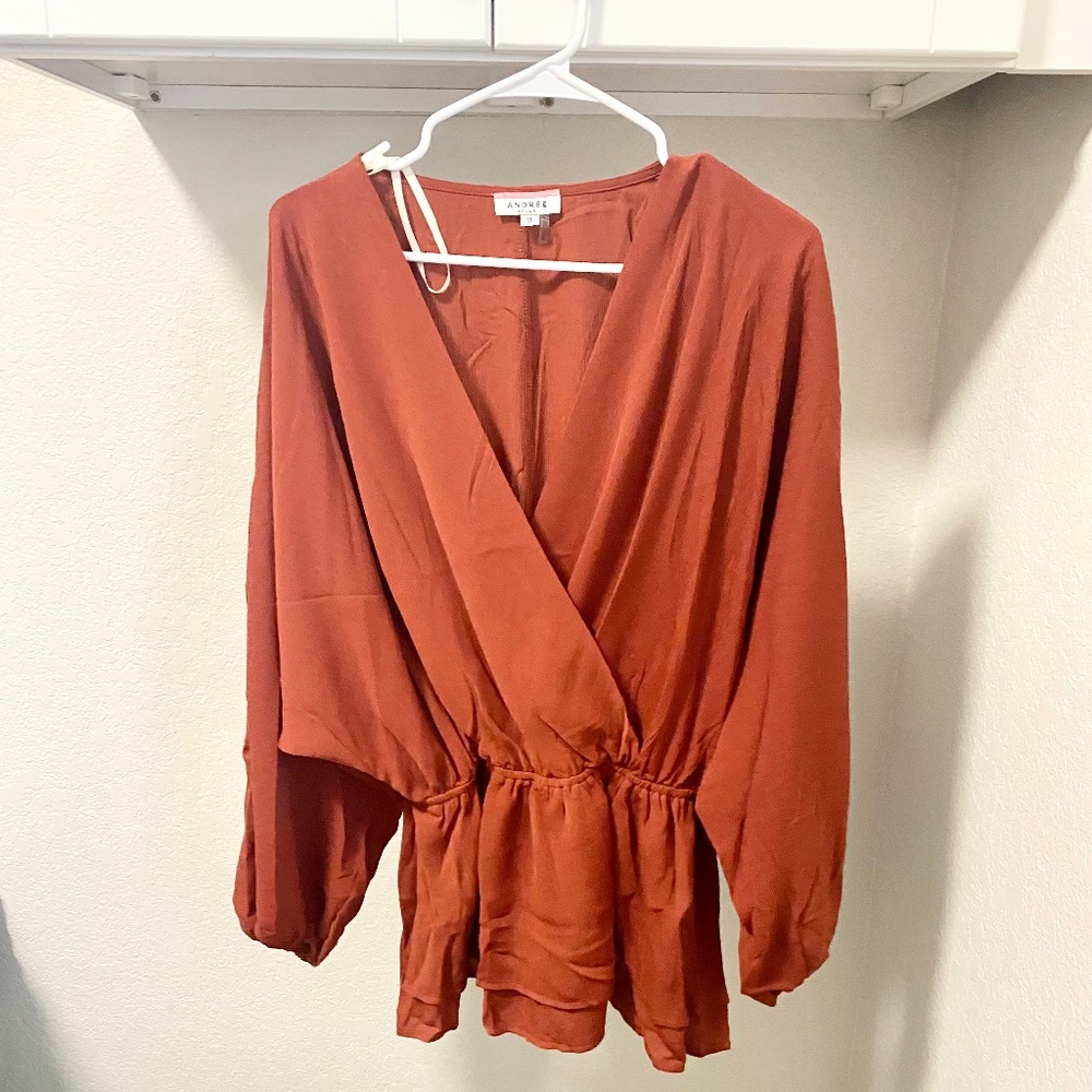 Burnt Orange Peplum Balloon Sleeve Top
